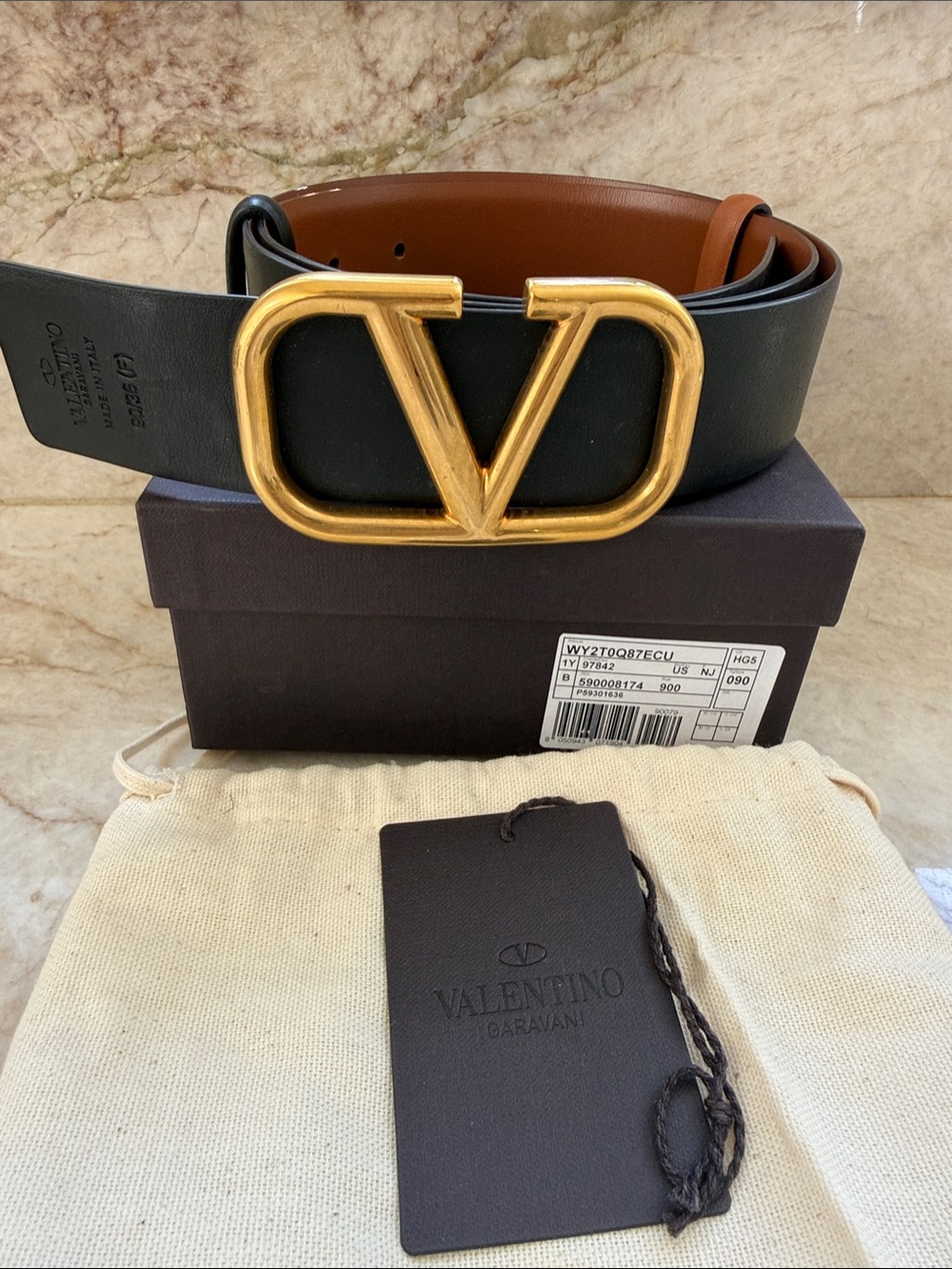 Valentino Garavani Black/cognac Leather Belt with Gold V Logo Buckle